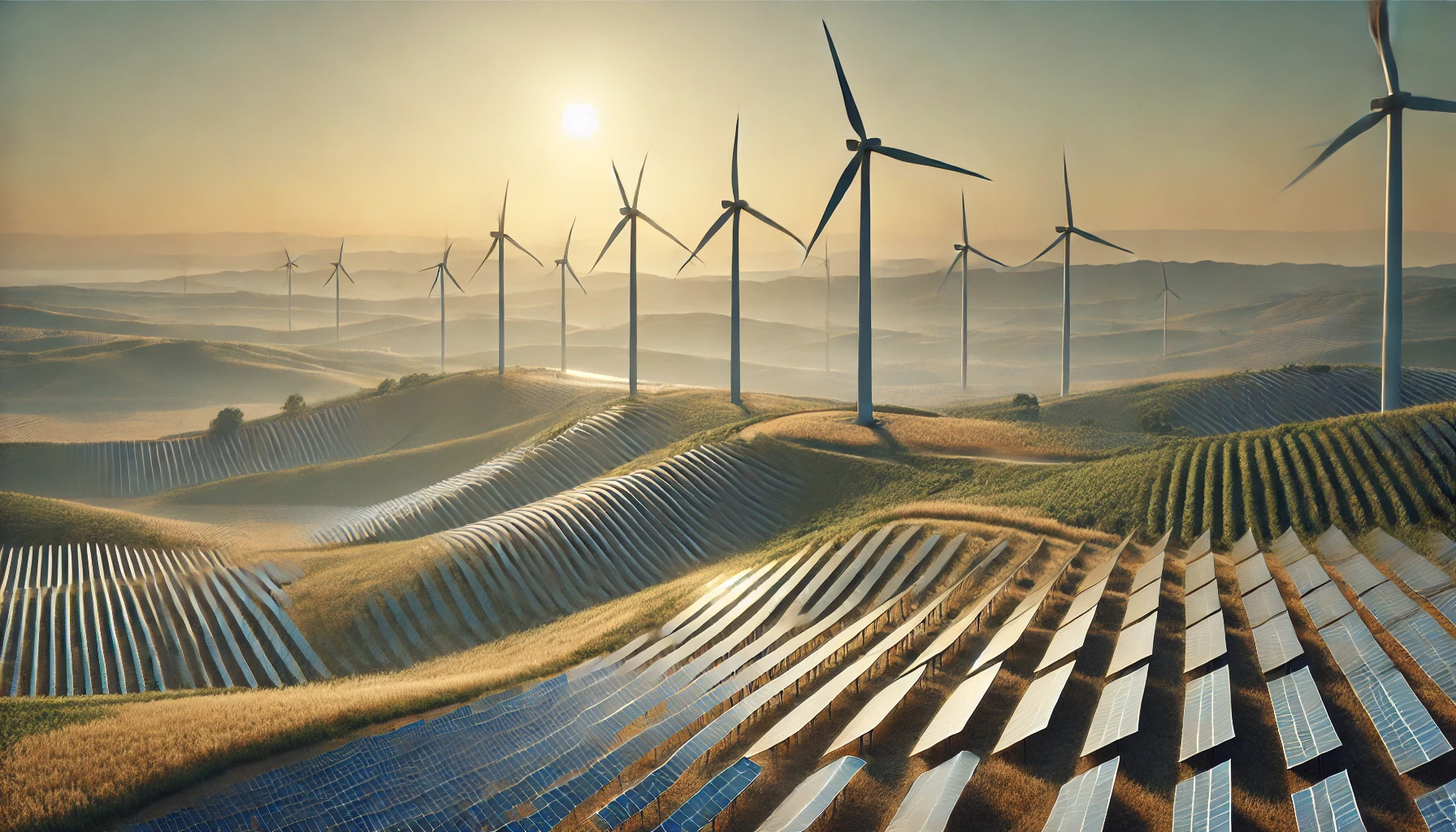 Wind turbines on a hillside with solar panels on open plains in the foreground under a clear sky.
